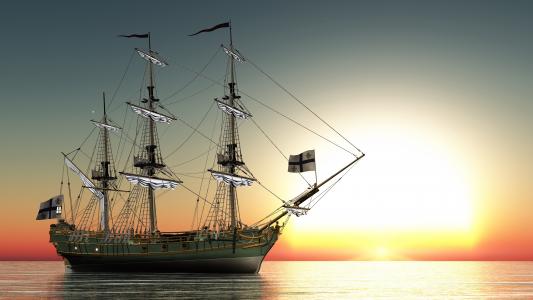 船，帆船，日出和日落