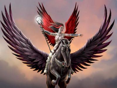 红色，翅膀，天使，在，手，致命，武器，上，飞过的，马，飞马座，是的，完成，法院