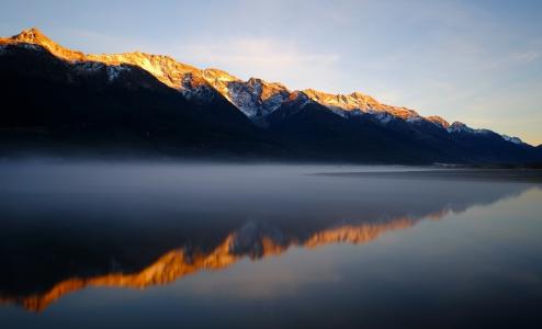 山，雪，湖，水，黎明，雾，反射，自然，景观