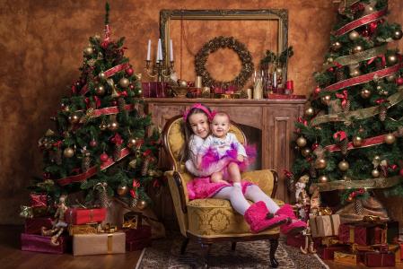 新，年，假期，树，两个，姐妹，孩子，礼物，喜悦