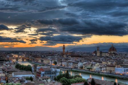 佛罗伦萨，意大利，佛罗伦萨，意大利，全景，河，晚上，日落，建筑物