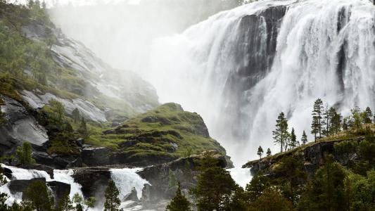 瀑布，挪威，树木