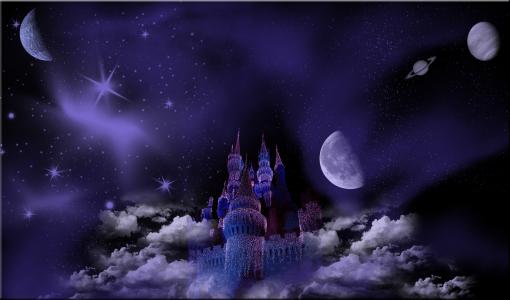 城堡，天空，行星，夜，3d，艺术