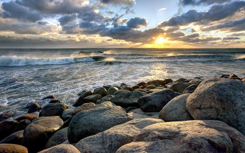 日落，海，石头，性质