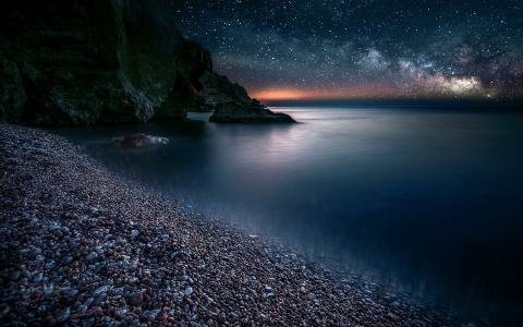 石头，沙滩，岩石，天空，星星，夜晚，海