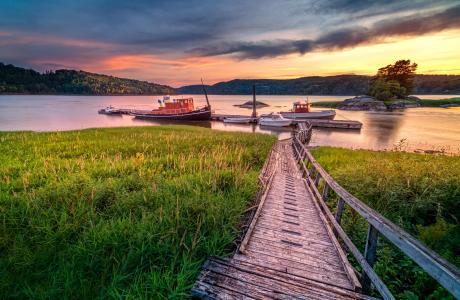 挪威，河，日落，旧桥，码头，船，景观