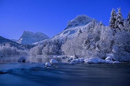 挪威，挪威，冬天，河，雪，山，树，景观