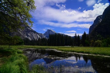 加利福尼亚州的优胜美地国家公园，加利福尼亚州的优胜美地，河流，山脉，树木，景观