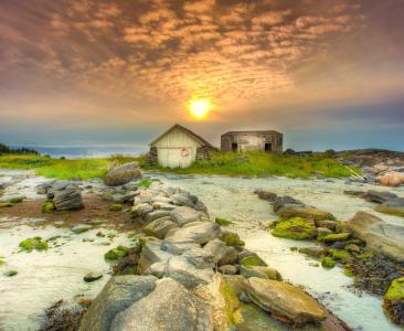 日落，海岸，房屋，石头，景观
