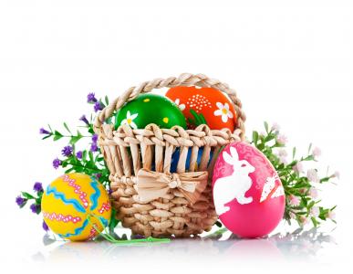 复活节，鲜花，篮子，鸡蛋