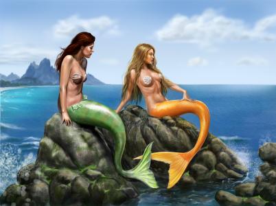 美人鱼，两个，胸罩，尾巴，坐在一块岩石上