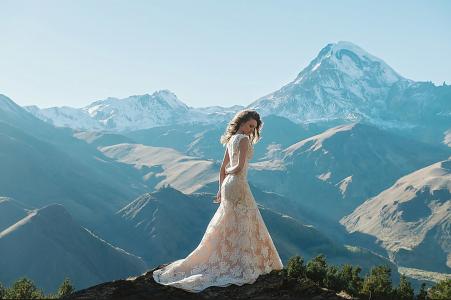 女孩，新娘，山，礼服，景观