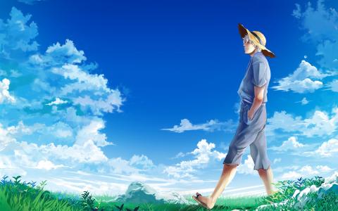 帽子，家伙，sakata gintoki，银魂，银魂，天空，云，草地