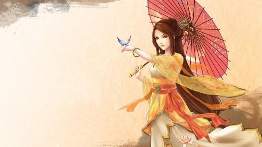 女孩，伞，和服，日本，蝴蝶，艺术，动漫