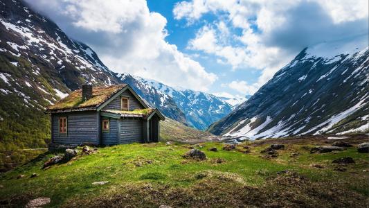 挪威，挪威，山，云，房子，天空，雪，天空，草，草，性质，景观