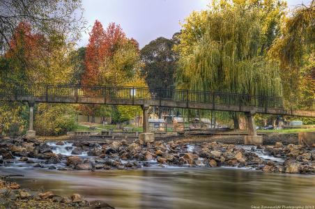 秋天，河，桥，树，石头