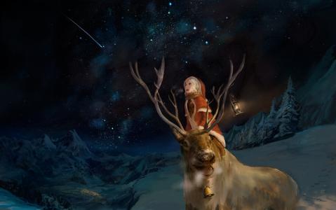女孩，鹿，冬天，星星