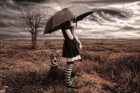 女孩，狗，伞，心情
