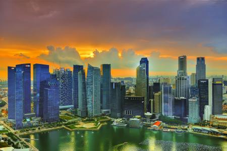 新加坡，摩天大楼，云彩，太阳，日落