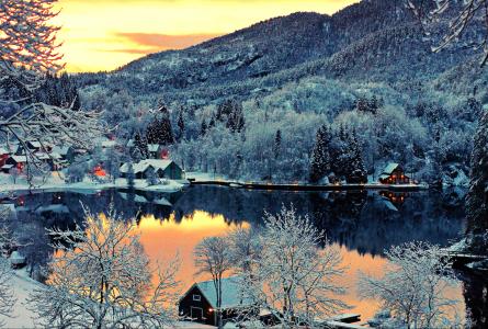 日落，芬兰，房屋，湖，景观