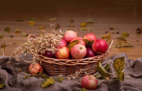 苹果，篮子，叶子，燕麦