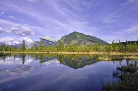 景观，自然，山，湖，反思，天空，湖朱红，班夫国家公园，艾伯塔省，加拿大