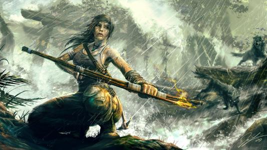 Lara Croft，女孩，狼，雨，弓，箭头