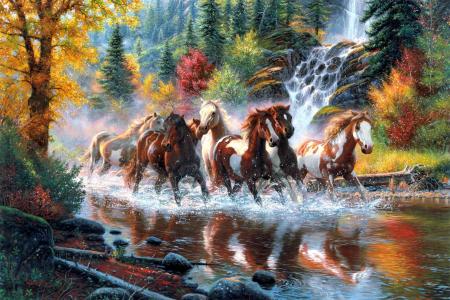 马克·凯斯利，马，马，牛群，河流，瀑布，森林，秋天，树木，艺术
