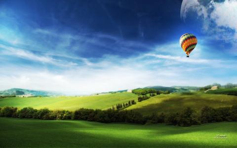 草地，气球，飞行