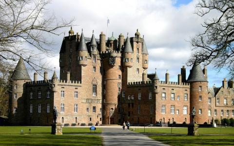 格拉姆斯城堡，安格斯，苏格兰，英国，城堡，天空，云，树木，雕像，格拉姆斯城堡，安格斯，苏格兰，英国，城堡