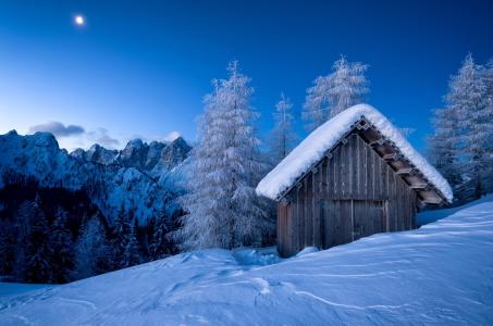 冬天，山，棚，霜，雪堆