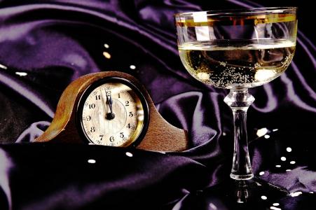 新年，时钟，玻璃，香槟