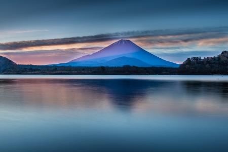 日本，山，富士山，湖，光滑，天空，树木