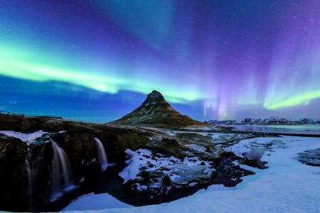 星星，天空，冰岛，夜晚，湖泊，北极光，瀑布，冬天，雪，Kirkjufell，山