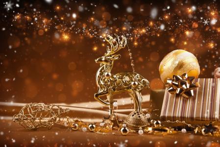 驯鹿，新的一年，饰品，金色圣诞，灯，装饰