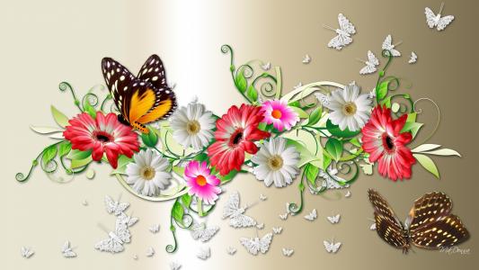 蝴蝶，花朵，颜色，装饰品
