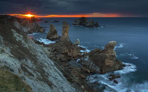 日落，海，岩石，景观