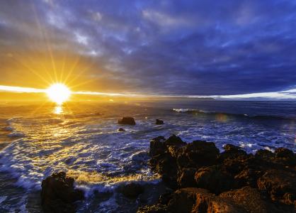 日落，海，岩石，波浪，景观