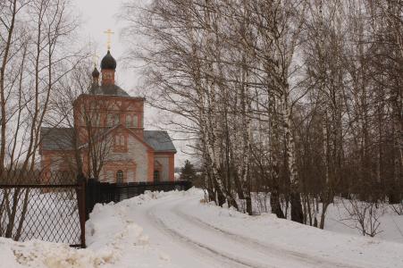 教堂，村庄，冬天，路