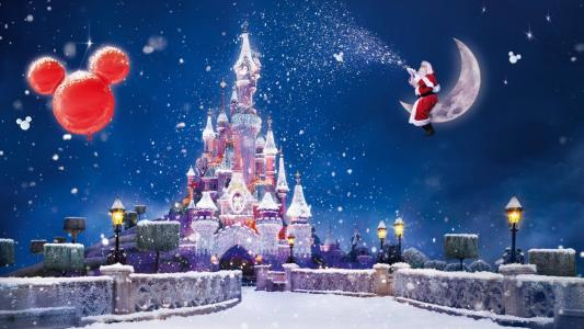 圣诞老人，月亮，雪，城堡，夜，节日，新的一年