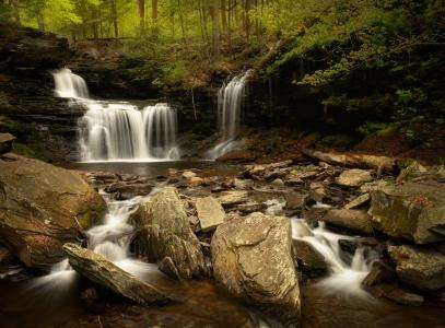 RB里基茨瀑布，里基茨格伦州立公园，宾夕法尼亚州，река，лес，камни