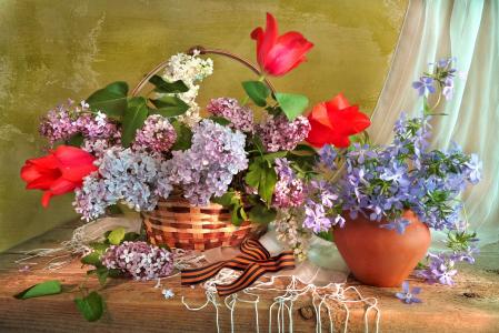 照片，组成，表，鲜花，花瓶，篮子，圣乔治的丝带