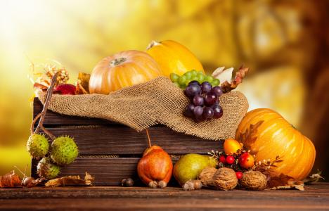 秋天，收获，水果，蔬菜，南瓜，葡萄，梨，坚果，栗子，框，麻布