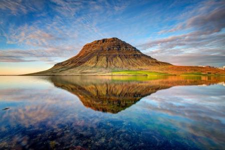 景观，自然，水，山，天空，云，反射，山Kirkjufell，冰岛