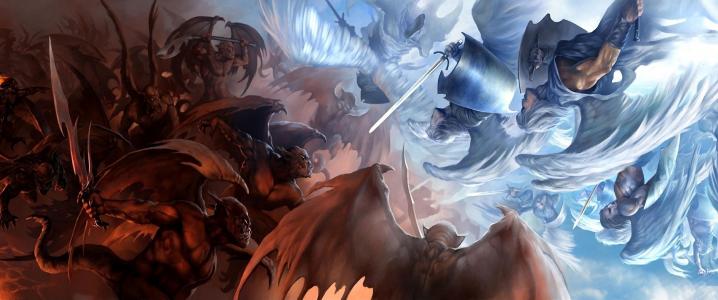 战斗，好，邪恶，天使，恶魔，武器，剑，翅膀，sakimichan