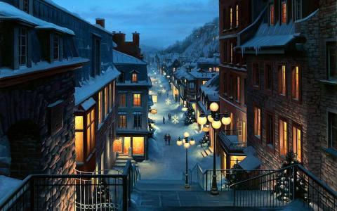 eugenia lushpin，绘画，风景，城市，魁北克，省加拿大，圣诞节，毛皮树，雪花，灯，照明，灯笼，车道，老魁北克，尤金尼lushpin，绘画，圣诞节