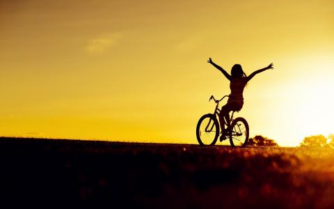 女孩，自行车，晚上，日落，剪影，感觉，自由，美女