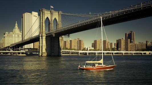 布鲁克林大桥，纽约市，东河，布鲁克林大桥，纽约，东河，游艇，河流，建筑