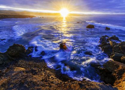 日落，海，岩石，波浪，景观