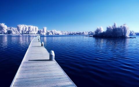 冬天，湖，桥，雪，森林